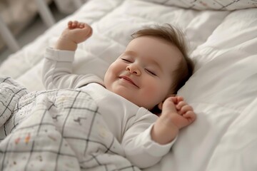 The cute baby is peacefully sleeping in bed, snug under a cozy blanket, radiating happiness and innocence