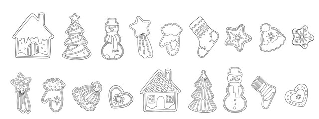Collection of line sketches of Christmas gingerbread cookies with icing. Vector graphics.