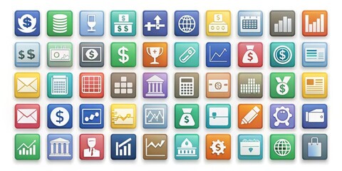 3D Colorful Square Buttons with Finance and Business Icons, finance, business, icons