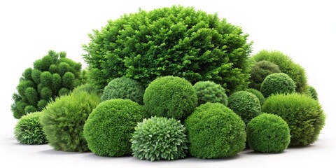 3D Rendered Lush Green Bushes, Isolated on White, 3D Modeling, White Background, Green Plants
