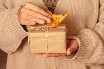 Autumn vibes, Thanksgiving day present, seasonal sale concept. Woman holding handcrafted gift box...