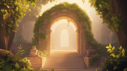 Fototapeta premium enchanted garden archway with steps leading to a mystical light. serene and magical outdoor scene