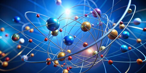 Abstract Atomic Structure with Metallic Wires and Colorful Spheres, 3D Rendering, Science, Physics, Atom