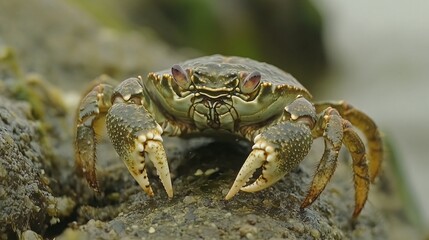 A close-up view of a crab with its claws outstretched, perched on a rocky surface.