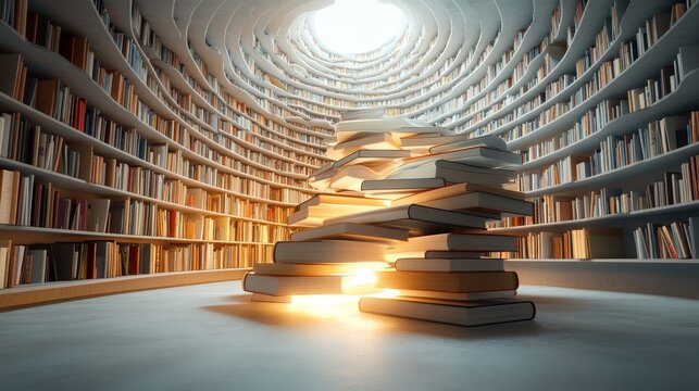 A stunning library interior showcases an arrangement of books stacked in a spiral design, bathed in warm natural light from above, creating an inviting atmosphere.