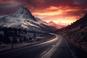 Mountain road landscape at sunset. Travel and road trip concept. Adventure and exploration. Highway winding under snowy peaks. Natural background for banner, wallpaper, poster