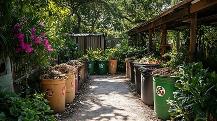 Community Compost Bin: A community composting area with bins for organic waste, all clearly marked with the universal recycling symbol. The bins are surrounded by a lush garden.
