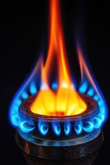Bright blue and orange flames erupting from a gas burner in a dark kitchen setting at night