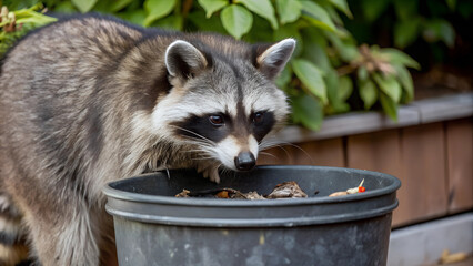 raccoon in a garbage bucket