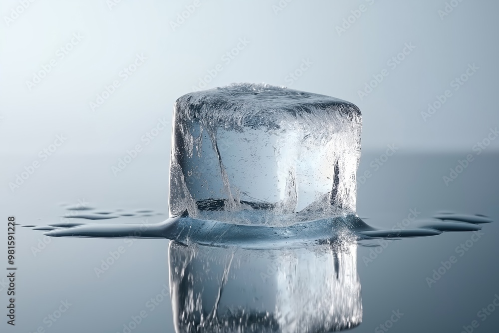 Aufkleber a solitary ice cube melting on a reflective surface with a smooth blue background in a quiet indoor 