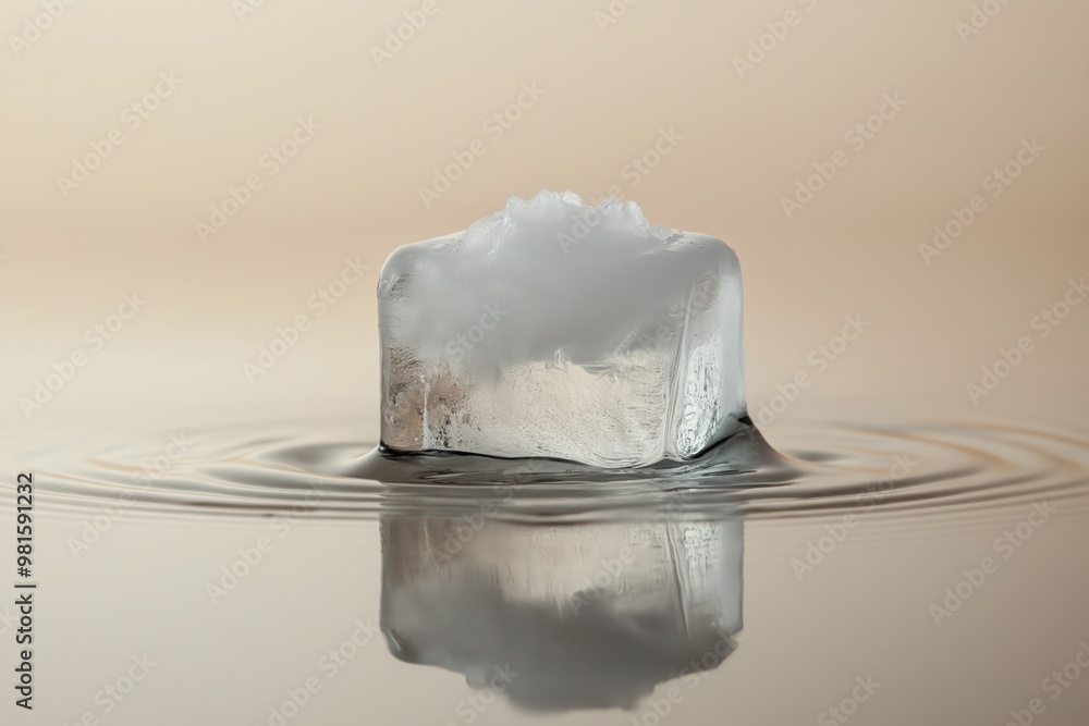 Aufkleber a solitary ice cube floating in still water, reflecting light, creating serene ripples on a soft bei