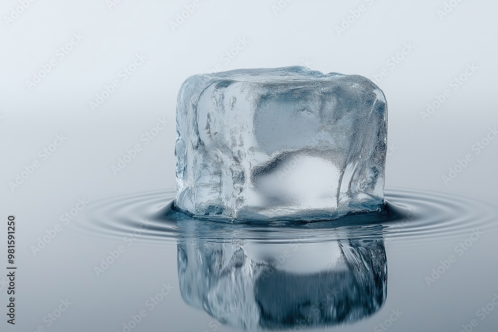 Poster a solitary ice cube rests on a calm surface, reflecting light in a serene and minimalist setting wit