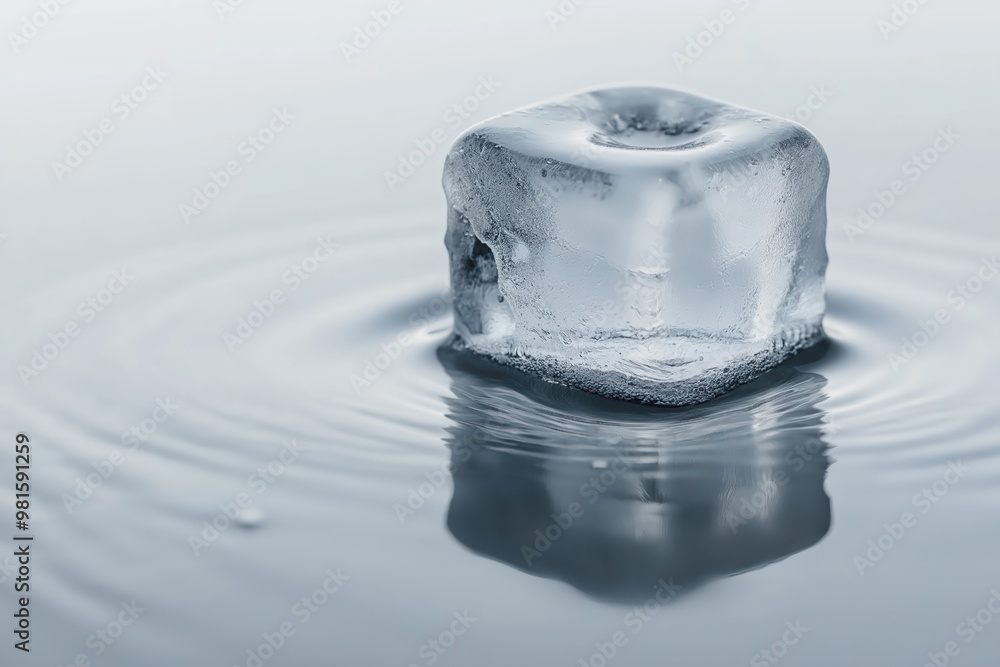 Poster clear ice cube melting in calm water with ripples reflecting light under soft illumination
