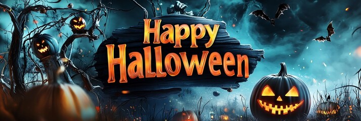 Fototapeta premium Halloween Horror: Scary Pumpkins and Bats in a Fiery, Sinister Sky Create the Perfect Haunting Scene 恐ろしいカボチャと不気味な空を飛び交うコウモリが完璧なハロウィーンのホラーシーンを作り出す.Generative AI