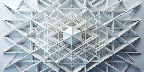 Abstract Geometric White Structure with Intersecting Triangles and Squares, 3D, Architectural Design, Minimalism, White Background