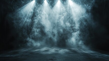 A mysterious, empty stage shrouded in swirling smoke, with bright spotlights cutting through the haze to create striking beams of light, adding an intense, atmospheric quality to the dark and