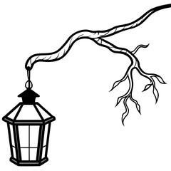 Outline Vector of an Old Lantern Hanging from a Crooked Post or Branch