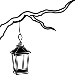 Outline Vector of an Old Lantern Hanging from a Crooked Post or Branch