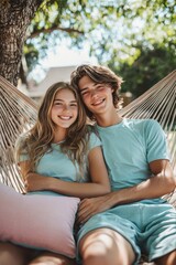 Young couple lounging happily in a cozy hammock surrounded by a sunny outdoor setting under a lush green tree