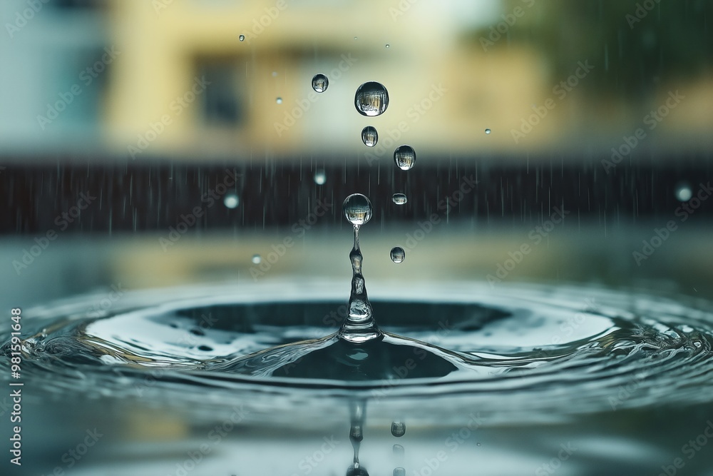 Poster raindrops creating ripples in a serene puddle during a calm afternoon in an urban setting