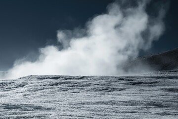 Steam rising from a geothermal area in a snowy landscape during early morning hours
