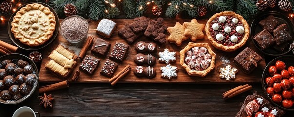 A charming holiday bakery setup with gingerbread cookies, peppermint brownies, and festive pies, arranged on a wooden table adorned with pine sprigs, cinnamon sticks, and sparkling lights, capturing