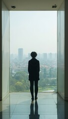 Fototapeta premium Urban vista person silhouetted in high rise office gazes over cityscape, blank space for text