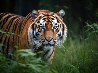 Fototapeta premium Majestic tiger in a lush forest backdrop captivatingly gazes towards the camera during evening hours, showcasing its striking features