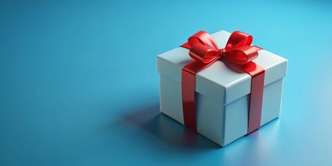 Fototapeta premium Blue Background Gift Box with Red Bow, 3D Rendering, Gift, Surprise, Celebration