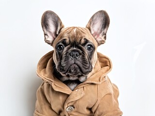 A stylish French Bulldog puppy wearing a cozy brown hoodie poses against a plain white background