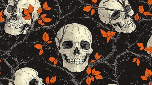 A seamless Halloween skull pattern with a hand-drawn style, featuring varied skull expressions in a repetitive tile design, set on a dark, textured background for a spooky aesthetic.
