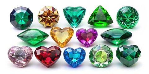 Fototapeta premium Collection of Gemstones Emerald, Ruby, Sapphire, Diamond, Heart, Round, Square