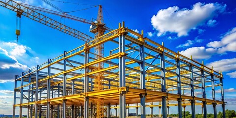 Construction Crane and Steel Frame Building Under Blue Sky, Construction, Building, Architecture