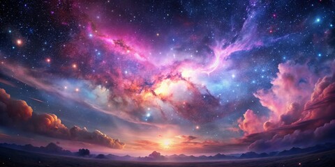 Cosmic Dawn Over Mountains, Digital Art, Starry Sky, Nebula, Landscape, cosmic landscape, starry sky