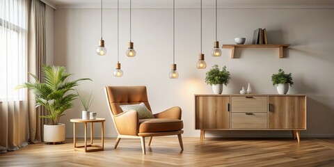 Cozy Living Room with Brown Armchair and Pendant Lights, Interior Design, Home Decor, Modern Living, Minimalist Style
