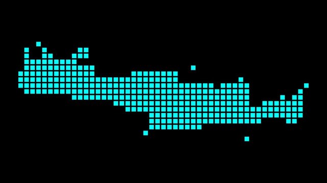 A digital map of Crete in a dotted style, with the shape of the island filled with rectangles. A classy and abstract graphic design.