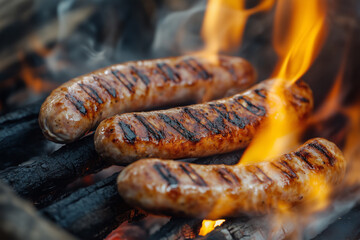 Fototapeta premium Grilled sausages with smoke and flame
