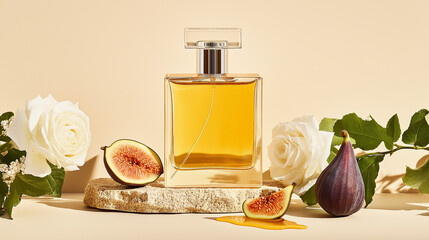 an editorial still life image of a bottle of perfume sitting on a stone table with a beige background. there is a fig dripping with honey next to it. 