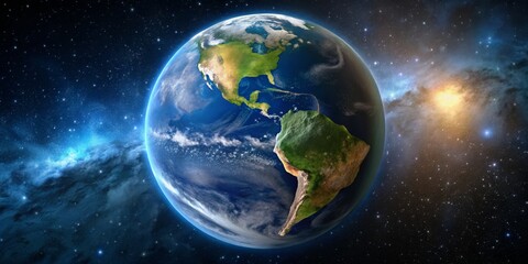 Obraz premium Earth's Hemisphere from Space - A Detailed Composition with Vibrant Colors and Starry Background, space, planet, earth, galaxy