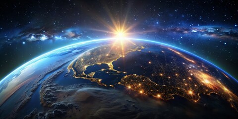 Earthrise Over North America with Starry Sky, Night City Lights, Digital Art, Space, Astronomy