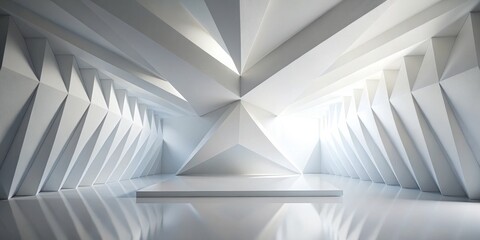 Naklejka premium Geometric White Abstract Room with Platform, Architecture, Interior Design, Minimalism