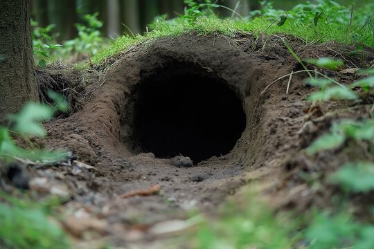 A large burrow opening in the forest floor surrounded by lush green foliage during a sunny day