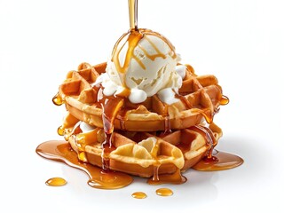 Delicious stack of waffles topped with vanilla ice cream and drizzled with syrup on a white background