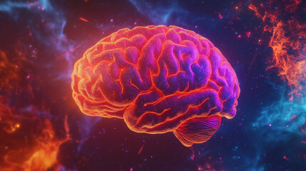 Obraz premium Glowing Neon Brain Floating in a Cosmic Nebula