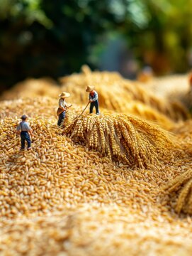 The image shows tiny farmer figurines working together to harvest an abundance of golden crops, creating a detailed and captivating scene set against a blurred natural background.