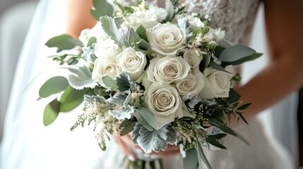 This image showcases a beautiful bridal bouquet with pristine white roses and lush greenery, accented with delicate silver foliage and other complementary flowers, perfect for a wedding.
