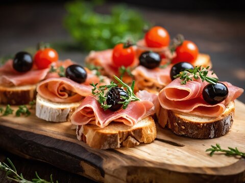 Delicious antipasto platter featuring artisan bread, ham, olives, and cherry tomatoes arranged on a wooden board