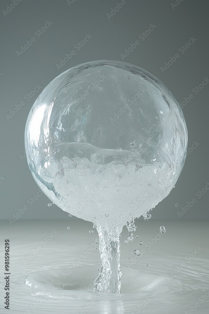 Poster a clear spherical object filled with water spills onto a flat surface creating a captivating visual 