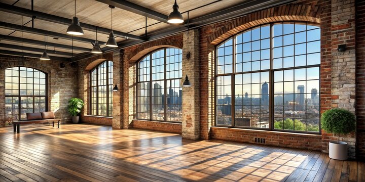 Industrial Loft with City View Windows, Exposed Brick, and Wooden Floor, urban , loft , cityscapes
