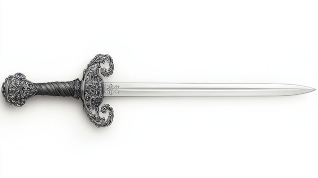 Elegant sword with ornate handle and gleaming blade, perfect for historical themes or fantasy designs, white background